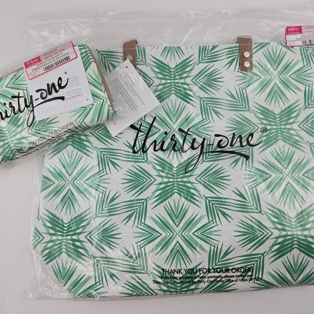 Thirty-One Green and White Tote Bag